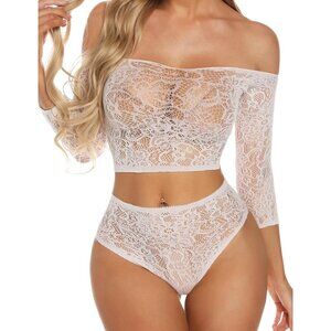🆕Women White Lace Mesh Fishnet Baby doll  Long Sleeve See Through Lingerie